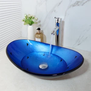 Juego combinado de grifos combo fregadero y grifo de vidrio templado ovalado para baño emergente drenaje - Imagen 1 de 10