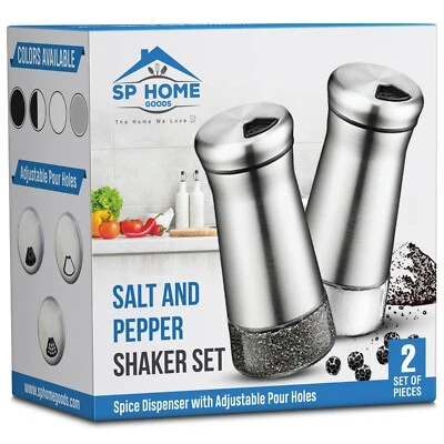 Salt and Pepper Shakers Stainless Steel & Glass with Adjustable Pour Holes - Image 1 of 4