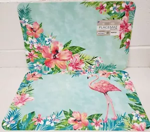 2 WENDEBARE NICHT KLARE HARTPLASTIK TISCHSETS 12" x 18", FLAMINGO & BLUMEN, CA - Bild 1 von 12