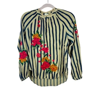 ANTHROPOLOGIE AKEMI + KIN Damen Bluse M braun schwarz gestreift Blumen bestickt - Bild 1 von 6