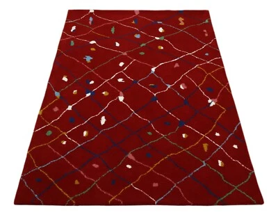 Wollteppich 120x180 Rot Bunt Rautenmuster Modern Marokko Teppich Handgetuftet - Bild 1 von 4