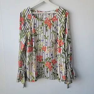 Rose + Olive womens Cream Striped Floral Top size M Boho Tropical tie sleeve - Picture 1 of 8