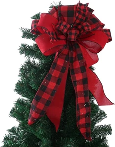 Christmas Tree Topper Bow, Xxx Inch Red Black Plaid Buffalo Toppers Decorative B - Picture 1 of 12
