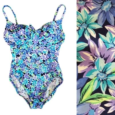 Traje de baño vintage para mujer talla 12 floral de una pieza con aros púrpura azul flores Foto 1 de 4