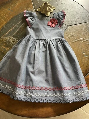 Vestido Azul Beri Azul Algodón Cambray Flor Bordado Acentuado Niñas S 5 Foto 1 de 4