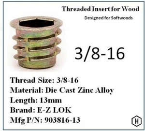 E-Z Lok 3/8-16 x 13mm Flanged Die Cast Zinc Threaded Insert for Wood (10pcs)  - Picture 1 of 3