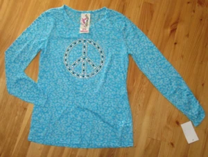 Knit Works Girls L-14 Aqua Animal Print Embellished Peace Top NWT CUTE! - Picture 1 of 3