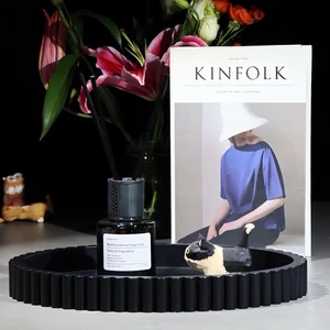 Concrete Oval Tray, Scalloped Edge Centerpiece Tray for Decor, Black - Picture 1 of 5