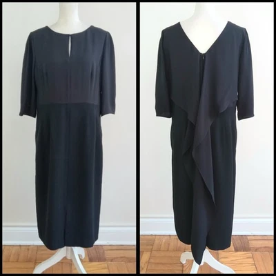 size 12 LAFAYETTE 148 Black Gothic Silk-Crepe Classic Midi Dress with Back Flaps - Image 1 of 4