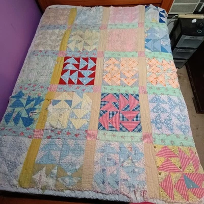 Vtg Flour/Feed Sack Handmade Distressed CUTTER QUILT Damage/Wear/Frayed 62"x78" - Image 1 of 4