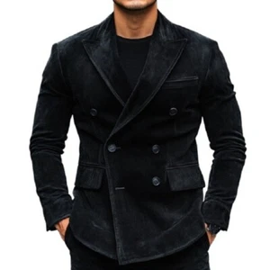 Leather Suede Blazer Jacket Men's Coat Button Size Sport Men Soft Suit Black 4 - Picture 1 of 3