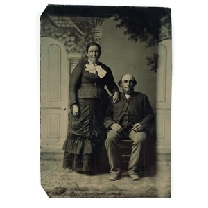 Bald Chin Curtain Man Tintype c1870 Old Rural Couple 1/6 Plate Lady Photo A2923 - Picture 1 of 2