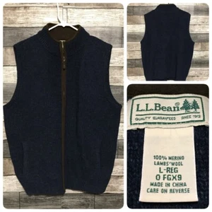 LL Bean 100% Merino Wool Sweater Vest Men’s L Navy Blue Ribbed Full Zip Pockets - Picture 1 of 7