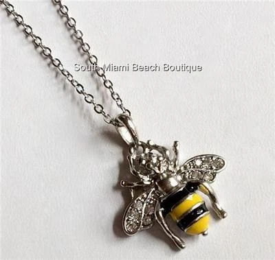 Collar Colgante Abejorro Plateado Cristal 18" Esmalte Amarillo Negro Insecto Foto 1 de 4