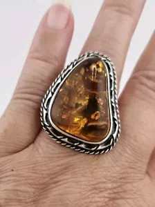 Vintage POLAND 925 Sterling Silver BALTIC AMBER LARGE Ring Size 7.5 - Picture 1 of 13