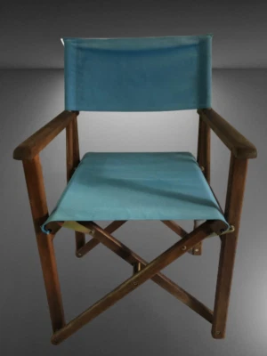 Vintage Finlay & Smith Directors Chair Beach Folding Wood /Blue Canvas - Photo 1/4