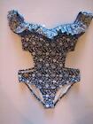 Ruffled Swim Bathing Suit Jessica Simpson Blue Off Shoulder PATCHED UP Cut Out L
