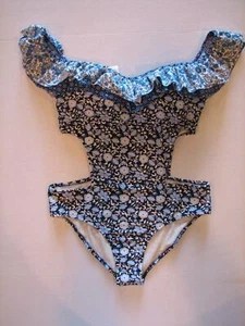 Ruffled Swim Bathing Suit Jessica Simpson Blue Off Shoulder PATCHED UP Cut Out L - Picture 1 of 5
