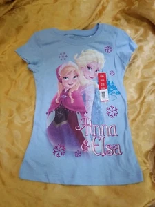 NWT Disney Frozen Girls T-shirt S(6-6X) Light Blue Anna Elsa - Picture 1 of 2