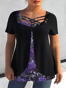 Plus Size Women Floral T-Shirt V Neck Short Sleeve Casual Loose Top Blouse 20-28 - Picture 1 of 2