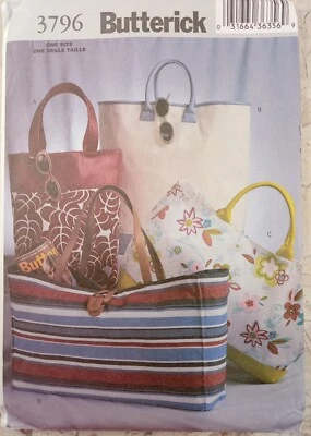 BUTTERICK 3796 Sewing Pattern UNCUT Tote Bag 4 designs Pocket Strap Lined Magnet - Image 1 of 4