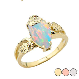 Solid Gold Marquise Leaf Ring With Simulated Opal Gemstone  Ring In 10K