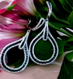 Round Cut Lab-Created Diamond Drop Dangle Silver Earrings 14K White Gold Over - Picture 1 of 1