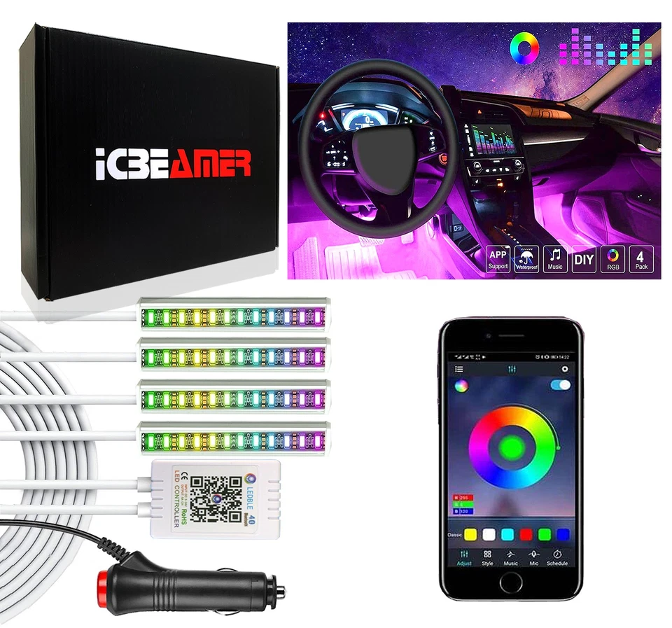 4 светодиодные RGB-полоски для освещения автомобиля атмосфера телефон приложение музыкальный контроль комплект для салона D130 - Изображение 1 из 4