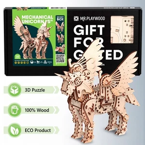 Mr.Playwood Wooden Movable Unicorn S Puzzle – 3D DIY Fantasy Gift Model Kit - Picture 1 of 6