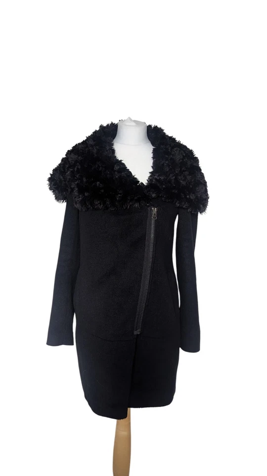 M&S Limited Edition Black Coat UK 8 Faux Fur Collar Asymmetric Zip Wool Blend - Image 1 of 4