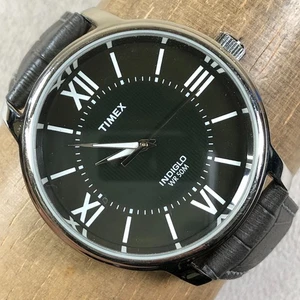 Timex Men T2N693 Dress Indiglo Black Leather Quartz Analog 43mm Watch 7 3/4" - Picture 1 of 12