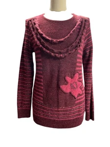 Vintage Red Hand Knit Women's Sweater | Cozy Long Sleeve Pullover | Size S/M - Picture 1 of 14