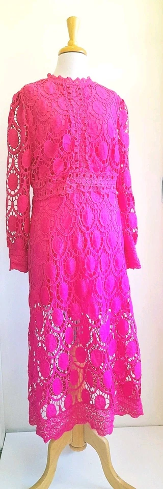 Hot Pink Laced Patterned Lined Puffed Sleeve Event Dress M/L - image 1 of 4