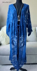 PLUS SIZE Womens BLUE CROCHETED LACE TIE BOHO KIMONO CARDIGAN DUSTER 1X 2X 3X - Picture 1 of 4