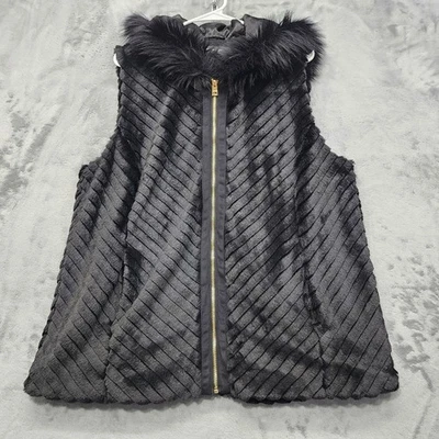 Marc New York Vest Womens 1X Black Gold Full Zip Faux Fur Hooded Sleeveless  - Image 1 of 4