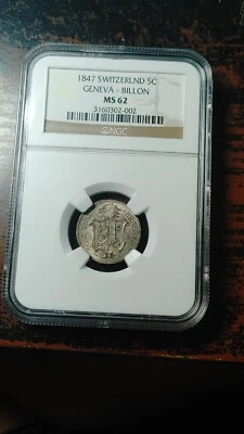 1847 Geneva Switzerland 5 Centimes NGC MS62 Looks Better                    4258 - Image 1 of 4