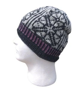 Womens Unisex Fair Isle Beanie Hat Gray Rose Viking Skully Hand Knit Wool Nordic - Picture 1 of 10