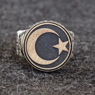 Anillo de plata esterlina para hombre estrella media luna diamante negro redondo joyería turca 925 Foto 1 de 4