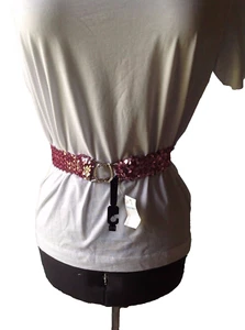 Limited Too Pink Sequin Belt Elastic Stretch Silver Rhinestone Buckle Size S/M - Picture 1 of 7