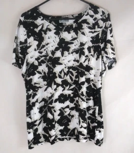 JM Collection Bluse schwarz-weiß seidig Jacquard Blumen Größe L - Bild 1 von 5