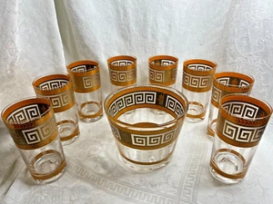 8 Vintage MCM Orange and Gold Greek Key Glasses & Ice Bucket ~ Ex Condition - Picture 1 of 14