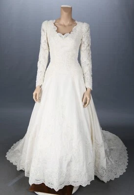 Bonny Vintage Anos 80 90 Frisado Alencon Renda Manga Longa Vestido de Noiva Marfim tamanho 10 - Imagem 1 de 4
