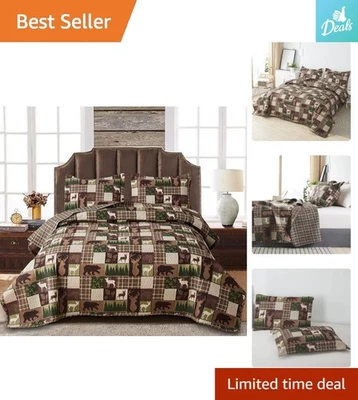 Rustic Wildlife Quilt Set with Moose & Bear - Full/Queen Reversible Coverlet - Image 1 of 4