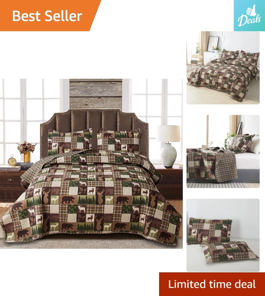Rustic Wildlife 被子套装带驼鹿和熊 - 全/大号双面床罩 — 第 1/4 张图片