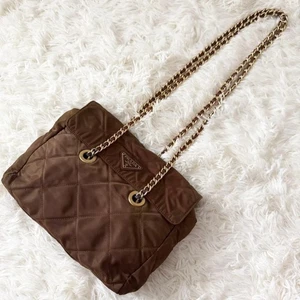 Raro Bolso de Hombro Acolchado PRADA Tessuto Marrón Dorado Doble Cadena Nylon Cuero - Imagen 1 de 15