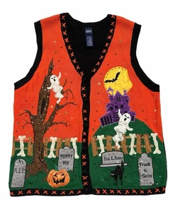 Vintage Halloween Sweater Vest Button Teacher Basic Editions Womens 1X **READ - Picture 1 of 10