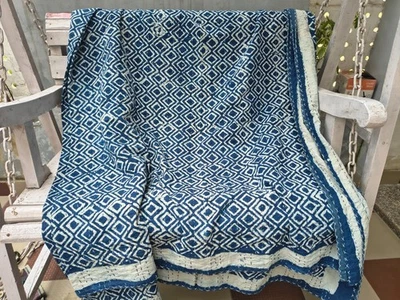 Indian Blue Kantha Quilt – Handmade Reversible Cotton Throw Blanket King Size - Image 1 of 4