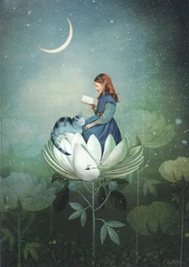 Postkarte: Catrin Welz-Stein - Blaue Geschichten / Mädchen mit Katze u. Buch - Bild 1 von 1