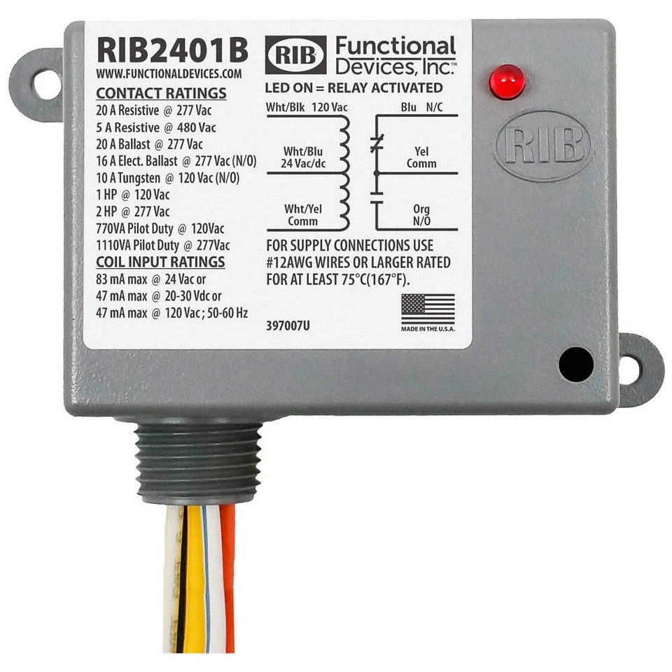 RIB RIB2401B EnclosedPre-Wired Relay,24VAC,SPDT,20A 5LE36 - Image 1 of 1