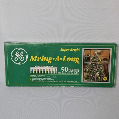 Vintage GE String A Long Christmas Lights Set 50 Miniature In/Outdoor Color NEW - Image 1 of 3